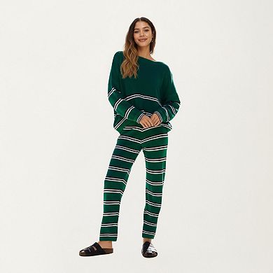 Women's Striped Long Sleeve Top and Wide Leg Pant Set with Soft Textured Knit Fabric