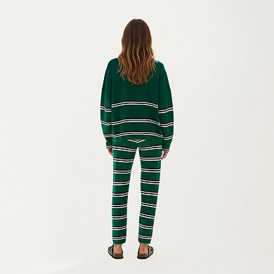 Women's Striped Long Sleeve Top and Wide Leg Pant Set with Soft Textured Knit Fabric