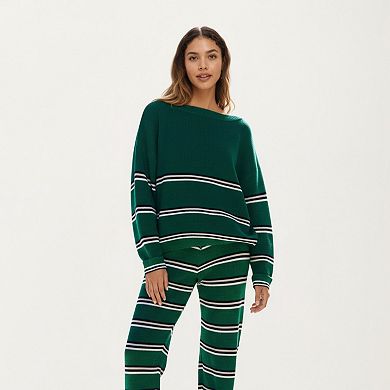 Women's Striped Long Sleeve Top and Wide Leg Pant Set with Soft Textured Knit Fabric