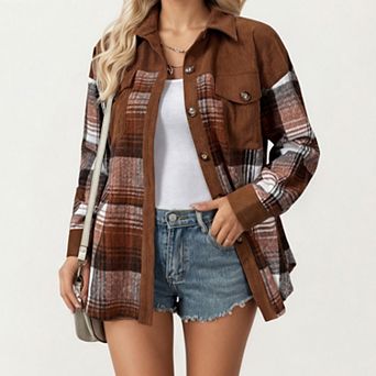 Women's Plaid Button Front Shirt Jacket with Soft Corduroy Contrast Long Sleeves Chest Pocket Detail
