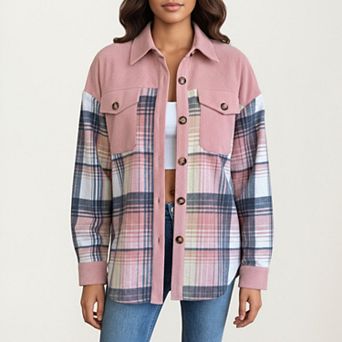 Women's Plaid Button Front Shirt Jacket with Soft Corduroy Contrast Long Sleeves Chest Pocket Detail