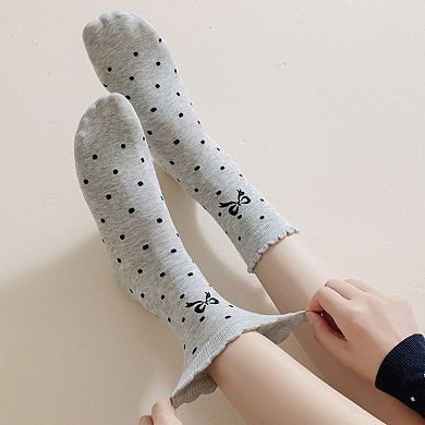 3-Pair Soft Polka Dot Socks with Bow Embroidery and Ruffled Cuff Design