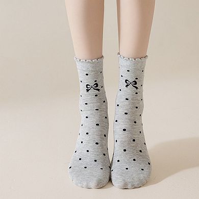 3-Pair Soft Polka Dot Socks with Bow Embroidery and Ruffled Cuff Design