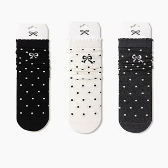 3-Pair Soft Polka Dot Socks with Bow Embroidery and Ruffled Cuff Design