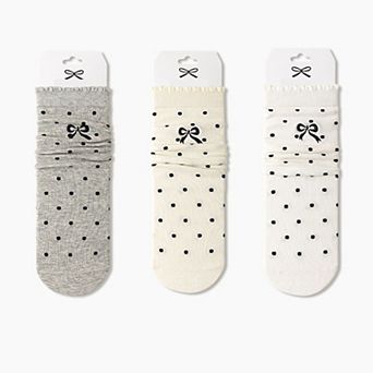 3-Pair Soft Polka Dot Socks with Bow Embroidery and Ruffled Cuff Design
