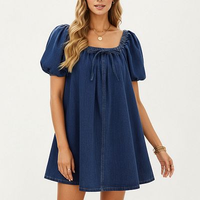 Anna-Kaci Women s Puff Sleeve Denim Babydoll Dress with Square Neckline Adjustable Front Tie Detail and Soft A-Line Silhouette, Small 4-6 / Navy
