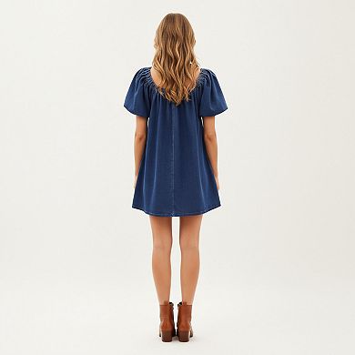 Women's Puff Sleeve Denim Babydoll Dress with Square Neckline Adjustable Front Tie Detail