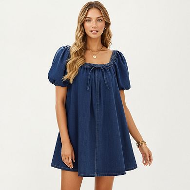 Women's Puff Sleeve Denim Babydoll Dress with Square Neckline Adjustable Front Tie Detail