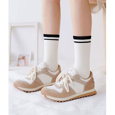 Women's 4-Pack Ribbed Crew Socks with Double Stripe Cuff Soft Stretch Fit in Neutral Tones