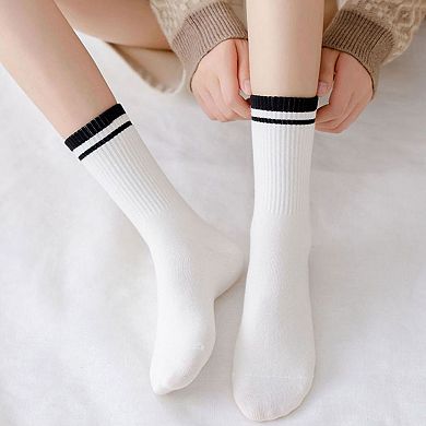 Women's 4-Pack Ribbed Crew Socks with Double Stripe Cuff Soft Stretch Fit in Neutral Tones