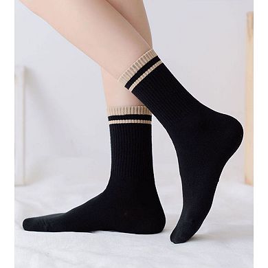 Women's 4-Pack Ribbed Crew Socks with Double Stripe Cuff Soft Stretch Fit in Neutral Tones