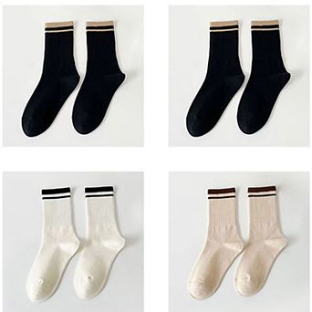 Women's 4-Pack Ribbed Crew Socks with Double Stripe Cuff Soft Stretch Fit in Neutral Tones