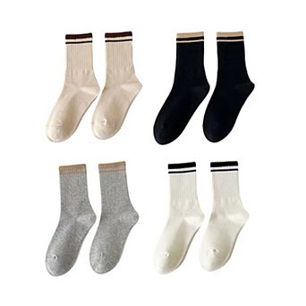 Women's 4-Pack Ribbed Crew Socks with Double Stripe Cuff Soft Stretch Fit in Neutral Tones
