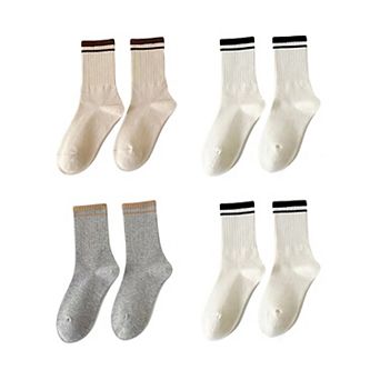 Women's 4-Pack Ribbed Crew Socks with Double Stripe Cuff Soft Stretch Fit in Neutral Tones