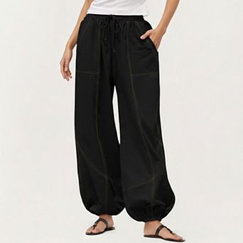 Women's Wide Leg Drawstring Pants with Contrast Stitching Front Patch Pockets