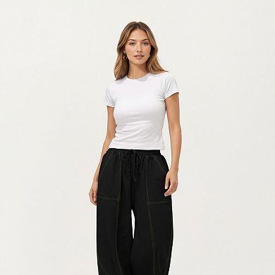 Women's Wide Leg Drawstring Pants with Contrast Stitching Front Patch Pockets