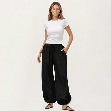 Women's Wide Leg Drawstring Pants with Contrast Stitching Front Patch Pockets