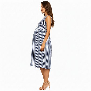 Women's Maternity Sleeveless Stripe Midi Dress with Soft Stretch Knit Fabric