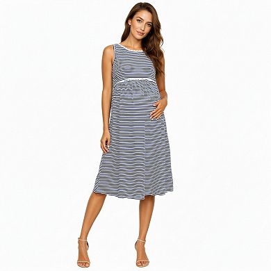 Women's Maternity Sleeveless Stripe Midi Dress with Soft Stretch Knit Fabric