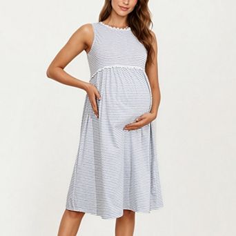 Women' s Maternity Sleeveless Stripe Midi Dress with Soft Stretch Knit Fabric