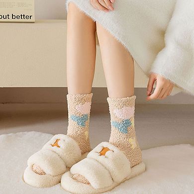 3-Pair Fuzzy Floral Print Lounge Socks with Soft Texture and Cozy Fit