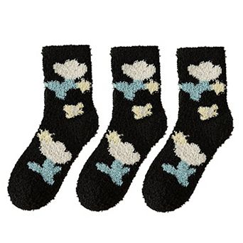 3-Pair Fuzzy Floral Print Lounge Socks with Soft Texture and Cozy Fit