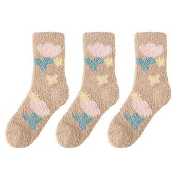 3-Pair Fuzzy Floral Print Lounge Socks with Soft Texture and Cozy Fit