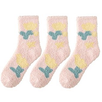 3-Pair Fuzzy Floral Print Lounge Socks with Soft Texture and Cozy Fit