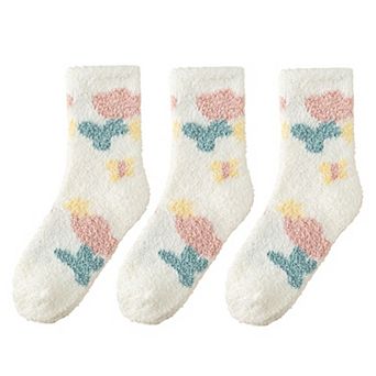 3-Pair Fuzzy Floral Print Lounge Socks with Soft Texture and Cozy Fit