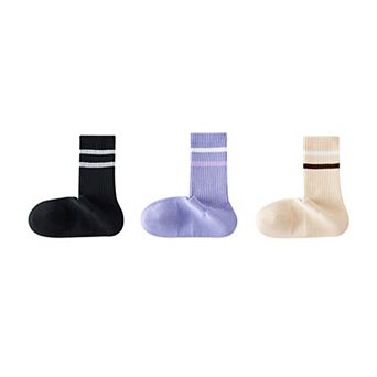 Women's 3-Pack Striped Ribbed Crew Socks Soft Stretch Fit Casual Athletic Style