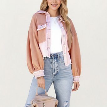 Women's Textured Waffle Knit and Denim Contrast Jacket with Frayed Trim Long Balloon Sleeves