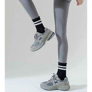 Women's 2-Pack Non-Slip Athletic Crew Socks with Ruffle Cuff and Stripe Detail Soft Stretch Fit