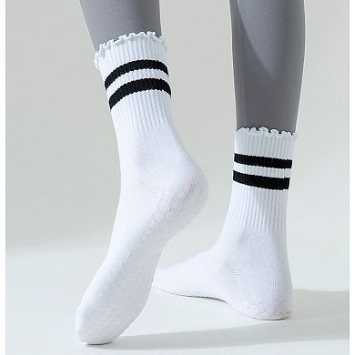 Women's 2-Pack Non-Slip Athletic Crew Socks with Ruffle Cuff and Stripe Detail Soft Stretch Fit