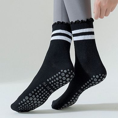 Women's 2-Pack Non-Slip Athletic Crew Socks with Ruffle Cuff and Stripe Detail Soft Stretch Fit
