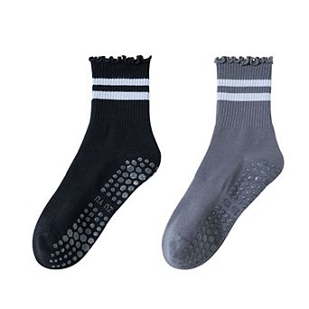 Women's 2-Pack Non-Slip Athletic Crew Socks with Ruffle Cuff and Stripe Detail Soft Stretch Fit