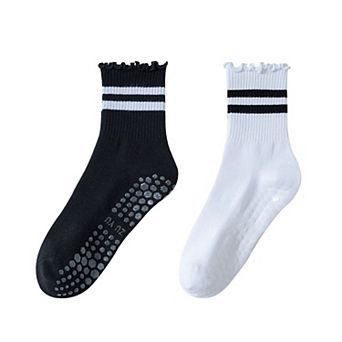 Women's 2-Pack Non-Slip Athletic Crew Socks with Ruffle Cuff and Stripe Detail Soft Stretch Fit