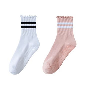 Women's 2-Pack Non-Slip Athletic Crew Socks with Ruffle Cuff and Stripe Detail Soft Stretch Fit