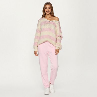Women's Oversized Striped Knit Sweater with Soft Chunky Texture Slouchy Off-Shoulder Fit