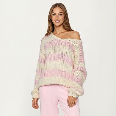 Women's Oversized Striped Knit Sweater with Soft Chunky Texture Slouchy Off-Shoulder Fit