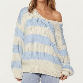 Women's Oversized Striped Knit Sweater with Soft Chunky Texture Slouchy Off-Shoulder Fit