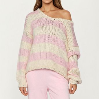 Women's Oversized Striped Knit Sweater with Soft Chunky Texture Slouchy Off-Shoulder Fit