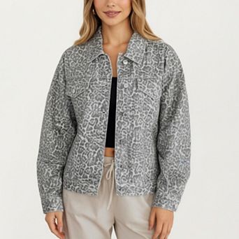 Women's Leopard Print Button Front Jacket with Soft Woven Fabric Chest Flap Pockets Long Sleeves
