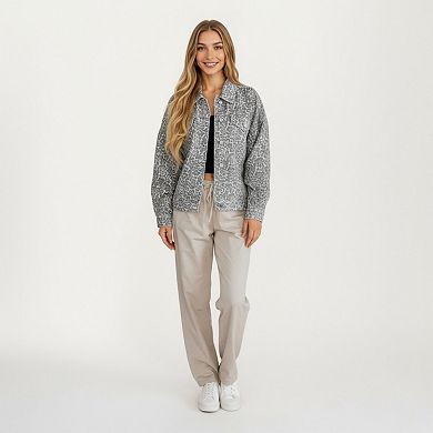 Women's Leopard Print Button Front Jacket with Soft Woven Fabric Chest Flap Pockets Long Sleeves