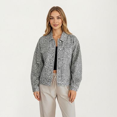 Women's Leopard Print Button Front Jacket with Soft Woven Fabric Chest Flap Pockets Long Sleeves