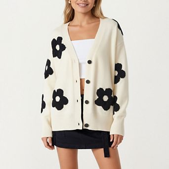 Women's Soft Knit Button Front Cardigan with Oversized Floral Pattern Drop Shoulder Fit