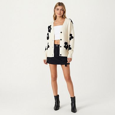 Women's Soft Knit Button Front Cardigan with Oversized Floral Pattern Drop Shoulder Fit