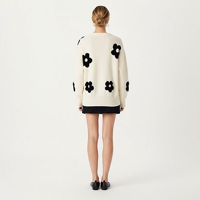 Women's Soft Knit Button Front Cardigan with Oversized Floral Pattern Drop Shoulder Fit