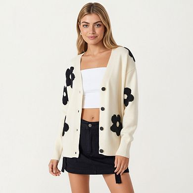 Women's Soft Knit Button Front Cardigan with Oversized Floral Pattern Drop Shoulder Fit
