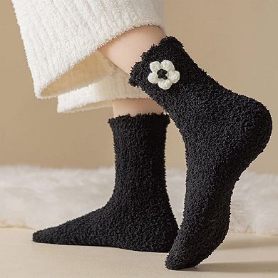 3-Pair Plush Fuzzy Socks with Crochet Flower Detail for Cozy Indoor Wear