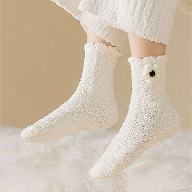 3-Pair Plush Fuzzy Socks with Crochet Flower Detail for Cozy Indoor Wear
